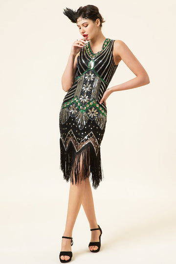 Black Green Paljetter Fringes 1920-tallet Gatsby kjole med 20-tallet tilbehør sett
